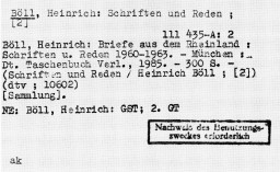 Zensurvermerk auf einer Katalogkarte der Zentralbibliothek der deutschen Klassik, Weimar (Vorläuferin der Herzogin Anna Amalia Bibliothek)